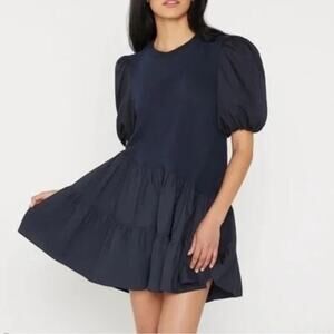 CINQ A SEPT Caitlin Dress Navy Blue Size Medium Puff Sleeve